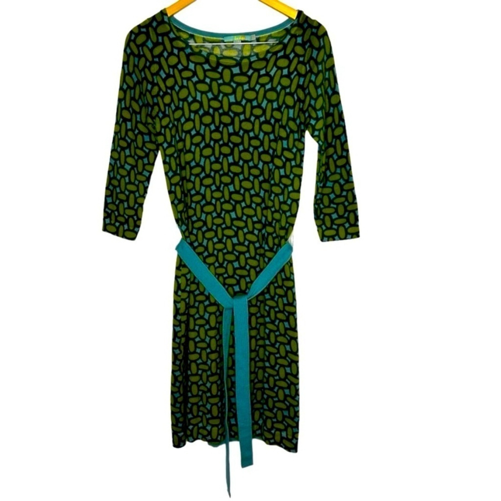 Boden Retro Green Blue Long Sleeve 100% Wool Art Deco Print MIDI Dress Size 4 - Picture 2 of 16